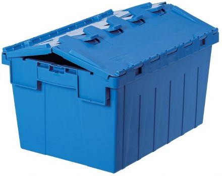 A blue plastic rubbish storage box with a partially open hinged lid, showing the interior. The box has a textured surface with vertical ridges along the sides and a smooth finish on the lid. It is placed on a paved or concrete surface, possibly on a driveway or street in Lee, with some surrounding outdoor environment visible in the background. The lid features clips to secure it closed, and the box appears designed for outdoor waste storage or rubbish collection. The image is clear and professional, aligning with services offered by Commercial Waste Lee for rubbish removal and waste management in the local area.