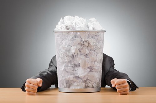 A person dressed in a dark suit with visible hands resting on a wooden table, positioned behind a metal mesh waste bin filled with crumpled white paper. The background is plain and neutral grey, providing a professional setting. The bin is cylindrical, with a perforated metal surface, and appears to be filled to the top with heavily crumpled paper waste, suggesting disposal of office or packaging materials. The lighting is even, highlighting the texture and details of both the crumpled paper and the metallic finish of the bin. This scene illustrates a typical waste management or rubbish disposal scenario relevant to commercial environments in Lee or nearby areas, and reflects the services offered by Commercial Waste Lee for managing office waste streams efficiently and professionally.